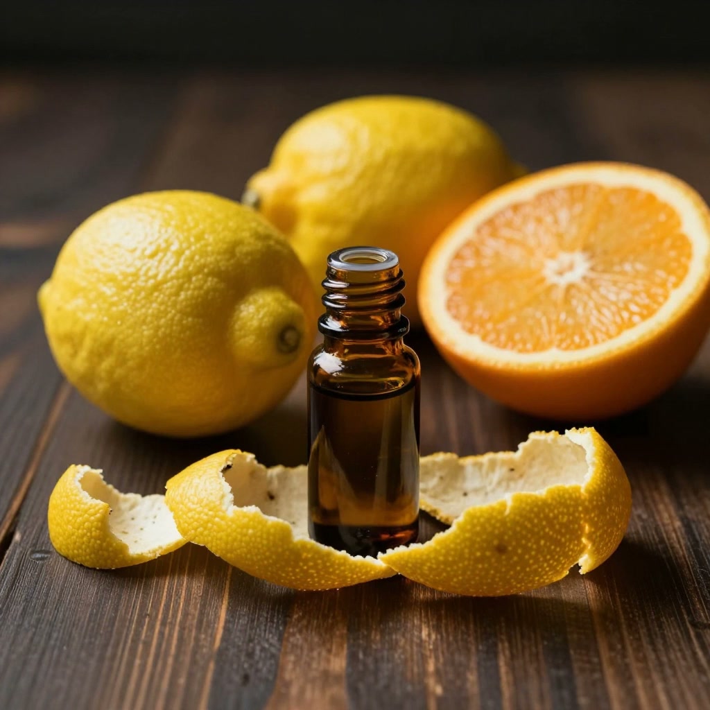 Fresh lemon and orange next to a small amber essential oil bottle and citrus peel
