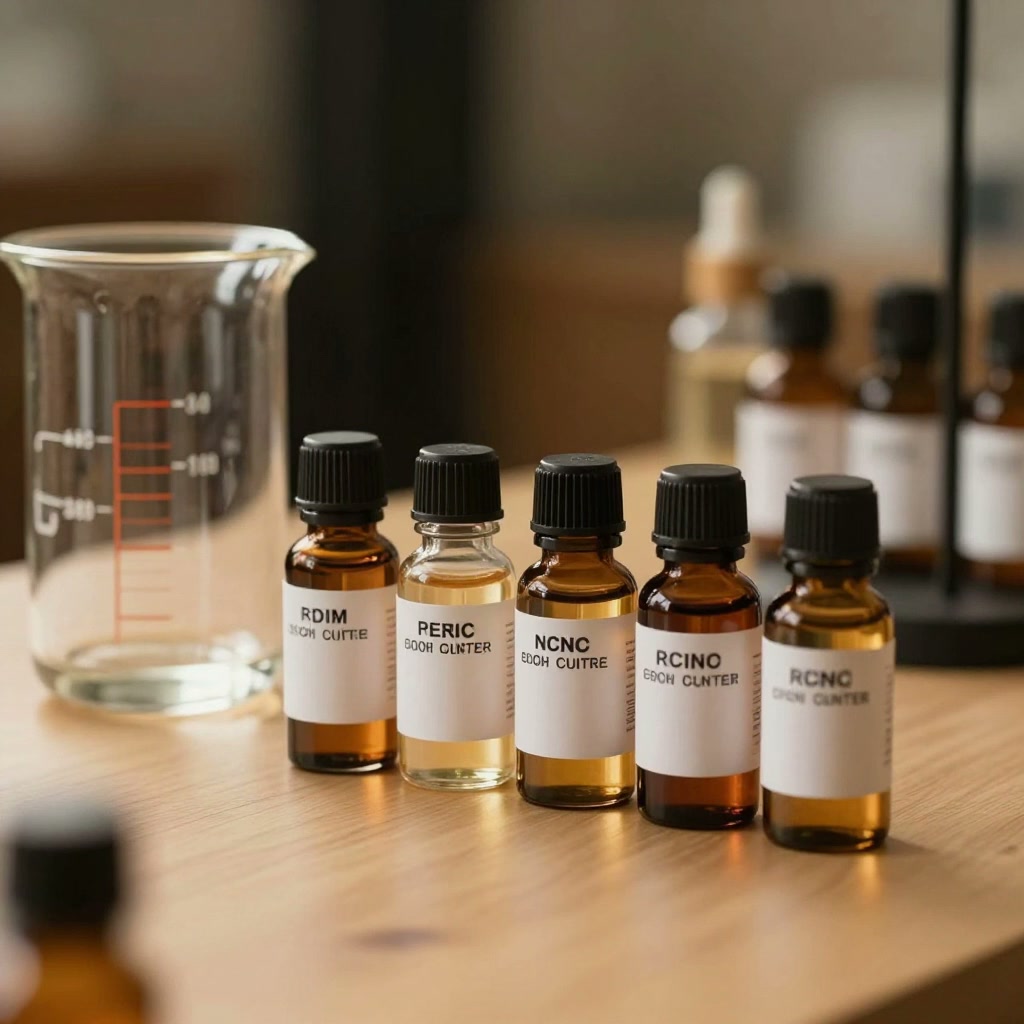 Several small labeled glass bottles arranged in a row with a graduated glass beaker on a perfumer's workbench