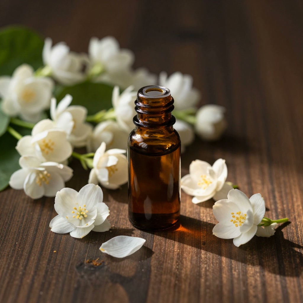 Jasmine and tuberose blossoms next to a small amber absolute bottle