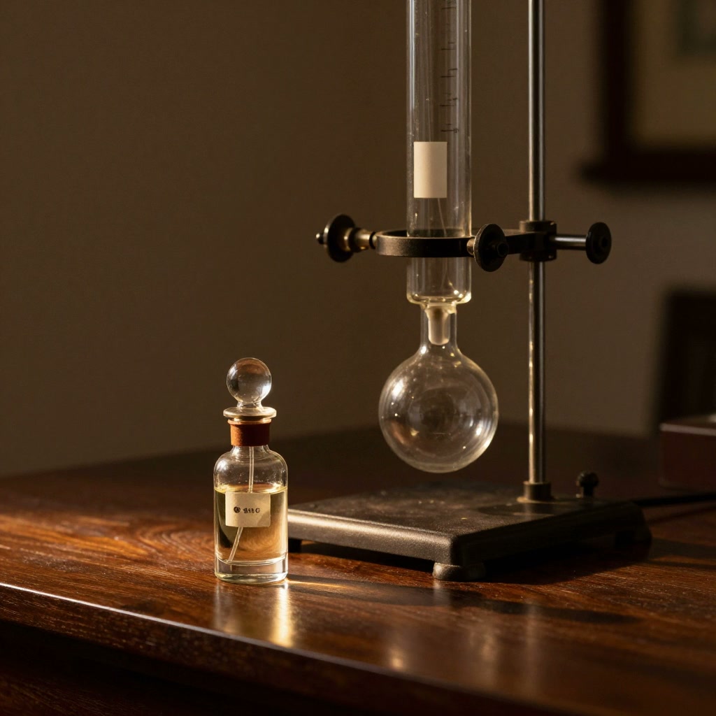 A vintage glass perfume vial next to laboratory glassware, dimly lit