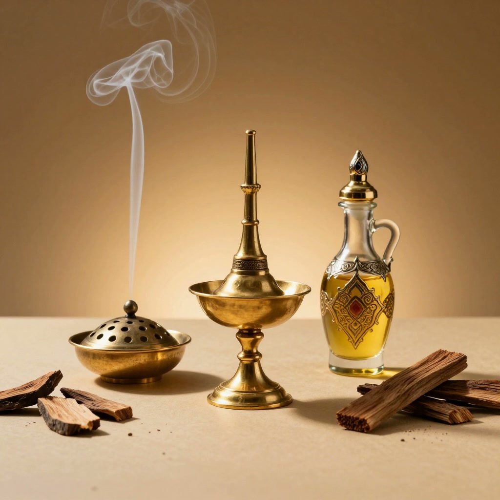 A brass incense burner with smoke, an oud burner, and an ornate oil perfume bottle with agarwood chips