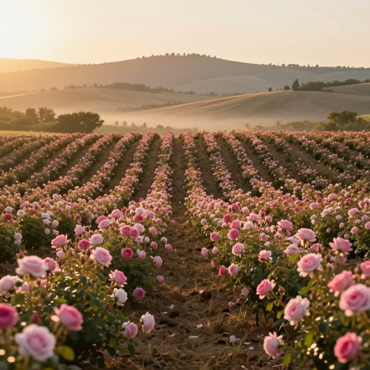 Rows of blooming rose fields near Grasse, France at golden hour