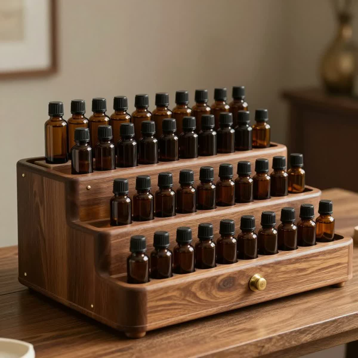 A wooden tiered perfumer's organ holding rows of small amber glass bottles