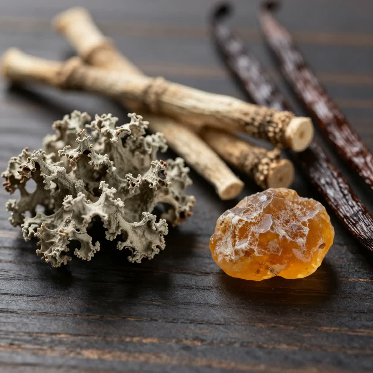 Raw perfumery materials: dried oakmoss, vetiver root, labdanum resin, and vanilla pods on a dark wooden table