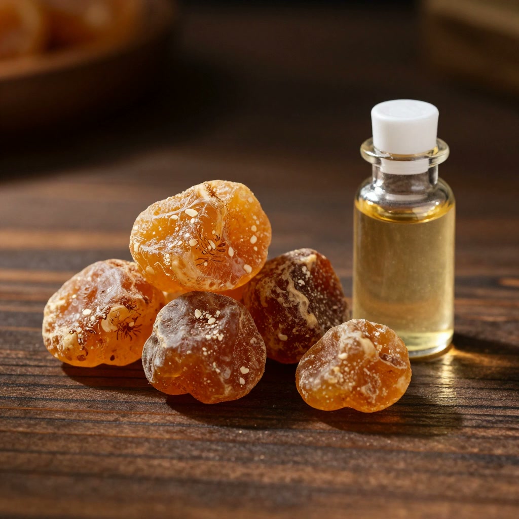 Raw frankincense and myrrh resin chunks and amber-colored labdanum resin