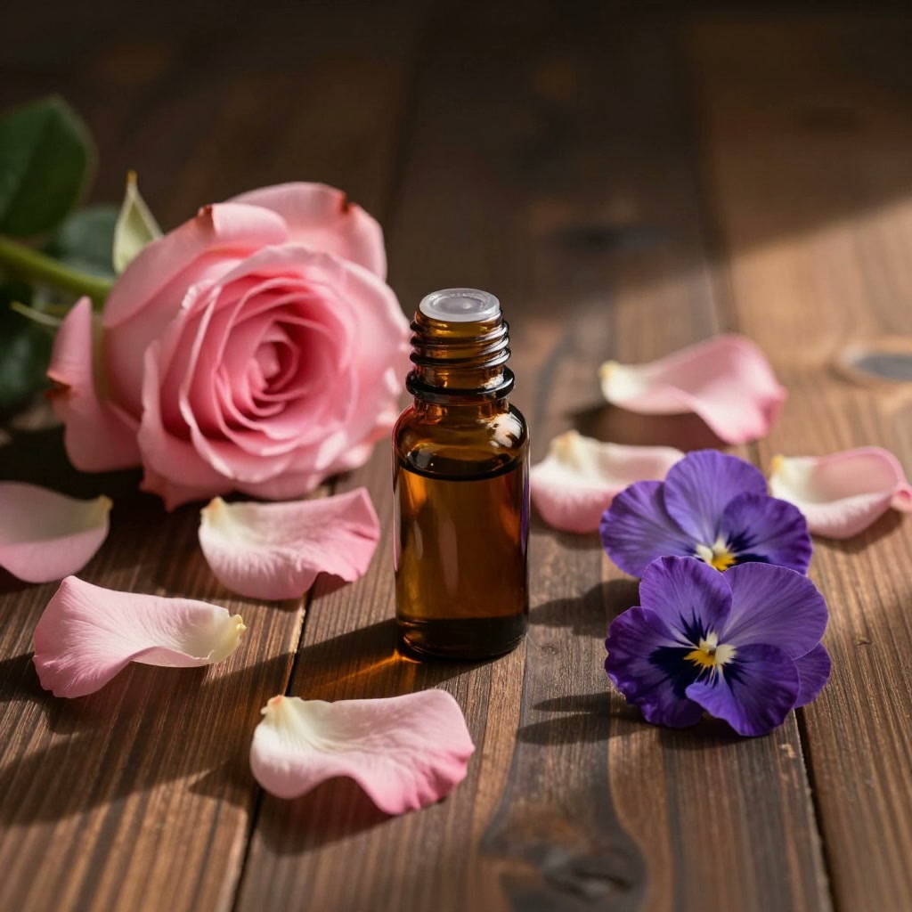 Pink rose petals and purple violet flowers next to a small amber essential oil bottle