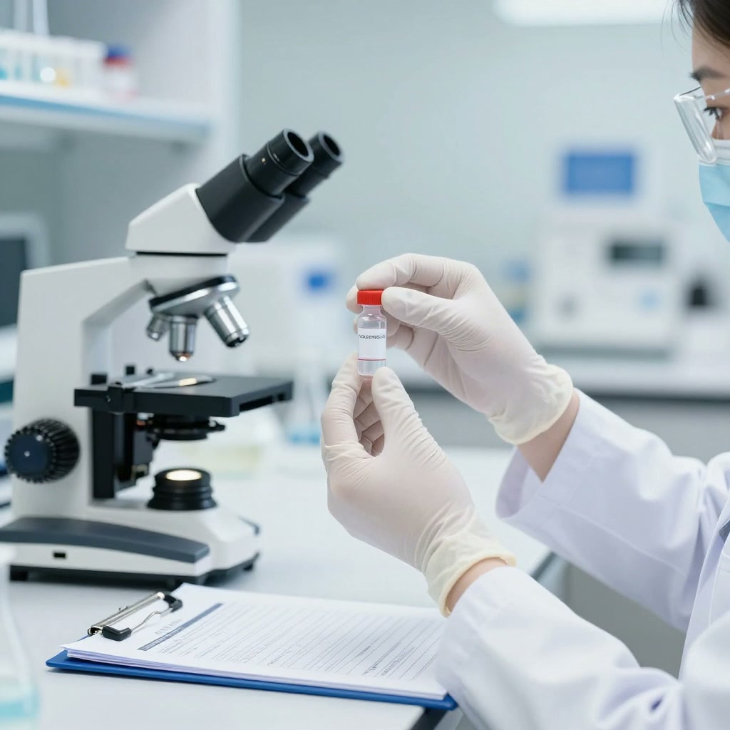 A gloved hand holding a small vial next to a microscope and clipboard in a clinical laboratory