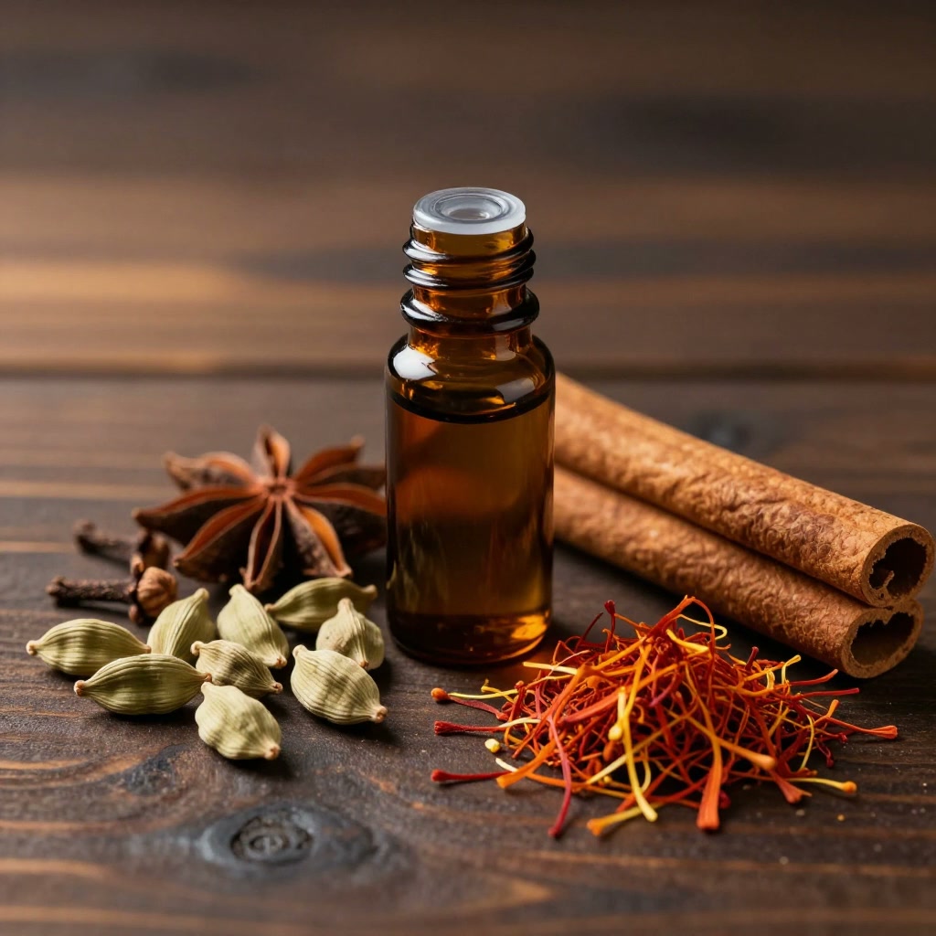 Cardamom pods, whole cloves, cinnamon sticks, and saffron threads next to a small essential oil bottle