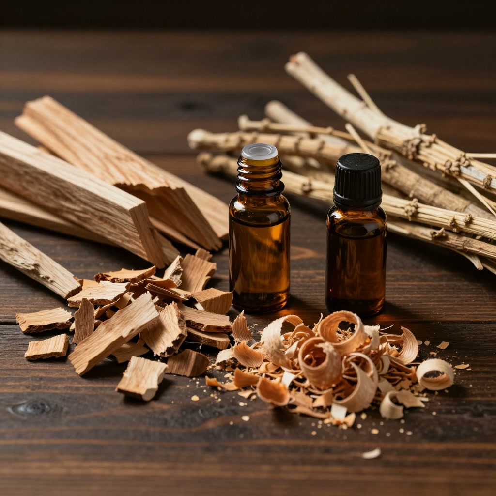 Sandalwood chips, cedarwood shavings, and dried vetiver root next to a small amber essential oil bottle